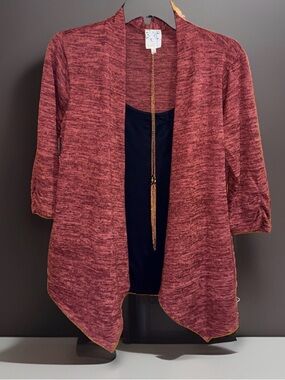 NAIF 2 in 1 Marled Rust Open-Front Cardigan w/Blouse & Necklace